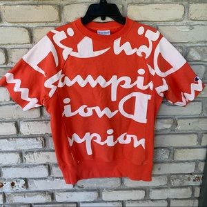Champion reverse weave big letter graphic orange pull over shirt
